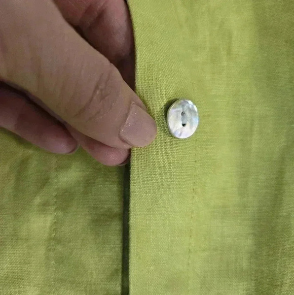 Bloomingdale 100% linen chartreuse button down shirt size 14 - Picture 4 of 10